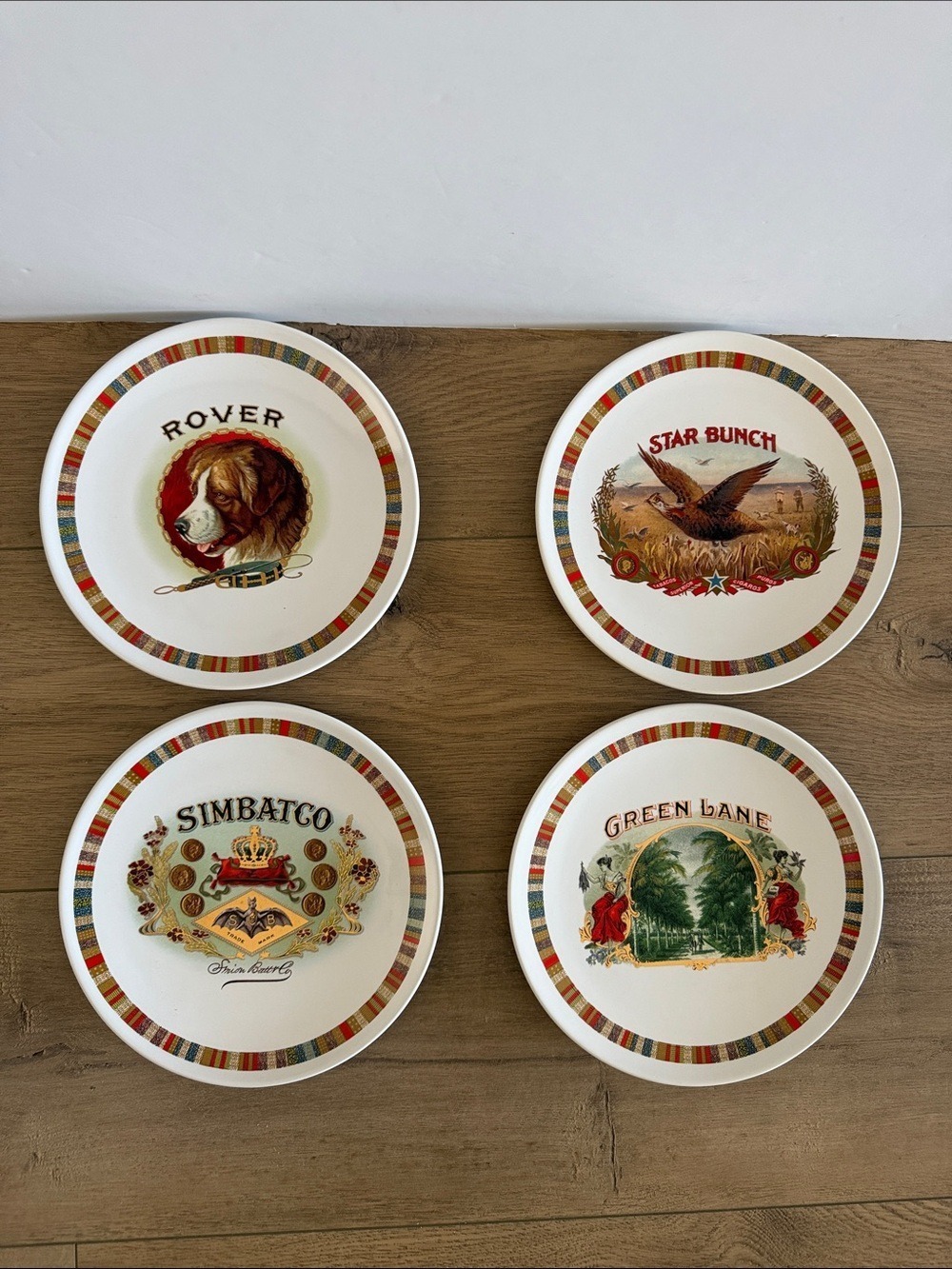 Pottery Barn Fireside Club Set of 4 Plates 8.25" Cigar Box Ads Man Cave Bar EUC